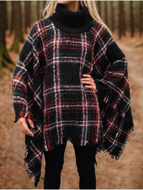 Loose Neck Poncho W/ Big Plaid